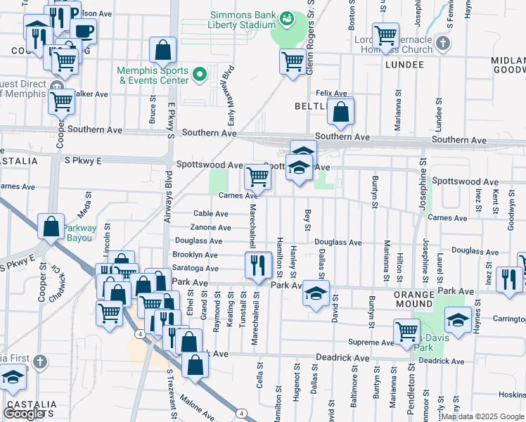 map of restaurants, bars, coffee shops, grocery stores, and more near 741 Cella Street in Memphis