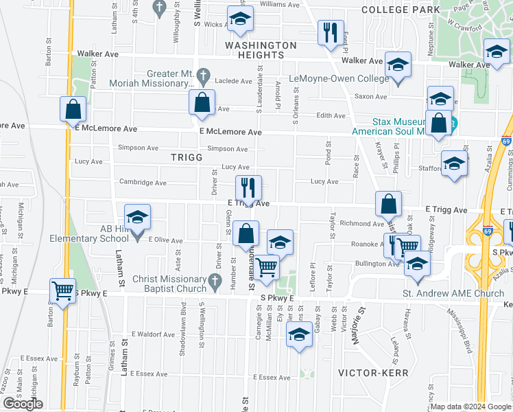map of restaurants, bars, coffee shops, grocery stores, and more near 557 East Trigg Avenue in Memphis
