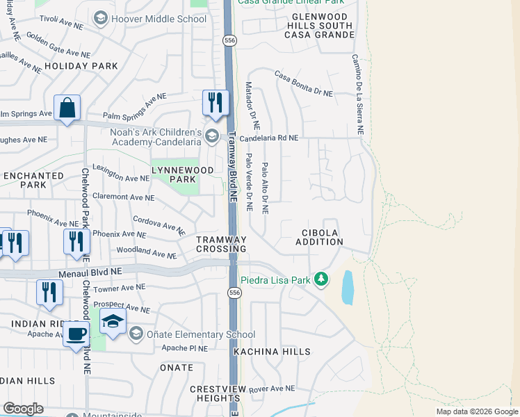 map of restaurants, bars, coffee shops, grocery stores, and more near 2801 Palo Alto Drive Northeast in Albuquerque