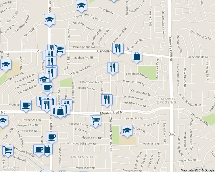 map of restaurants, bars, coffee shops, grocery stores, and more near 2512 Sandler Drive Northeast in Albuquerque