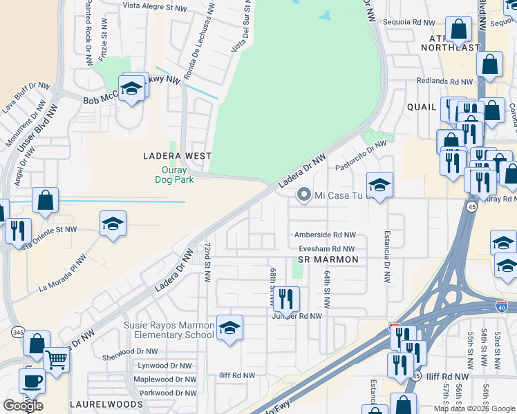 map of restaurants, bars, coffee shops, grocery stores, and more near 2440 Muir Drive Northwest in Albuquerque