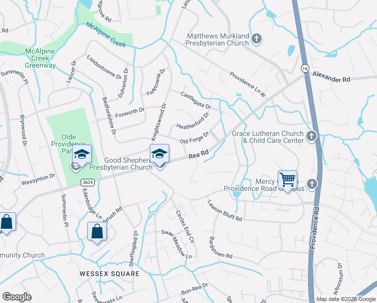 map of restaurants, bars, coffee shops, grocery stores, and more near 3200 Rea Road in Charlotte