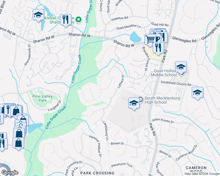 map of restaurants, bars, coffee shops, grocery stores, and more near 2700 Lytham Drive in Charlotte