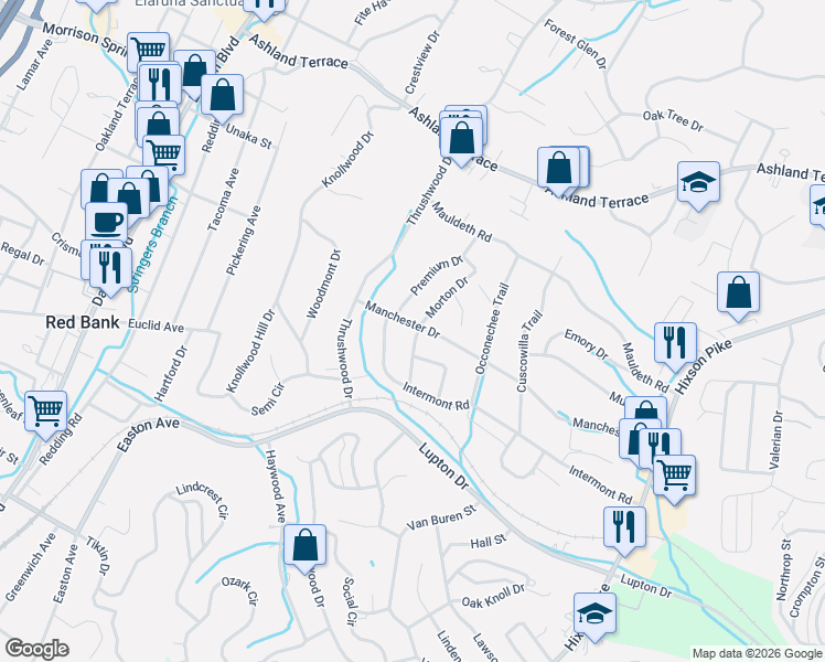 map of restaurants, bars, coffee shops, grocery stores, and more near 506 Manchester Drive in Chattanooga