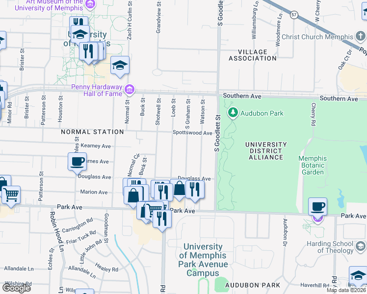 map of restaurants, bars, coffee shops, grocery stores, and more near 702 Loeb Street in Memphis
