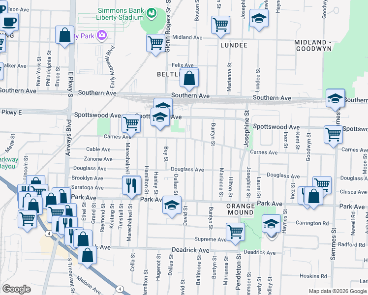 map of restaurants, bars, coffee shops, grocery stores, and more near 743 David Street in Memphis