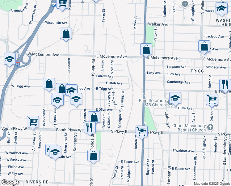 map of restaurants, bars, coffee shops, grocery stores, and more near 1295 Michigan Street in Memphis