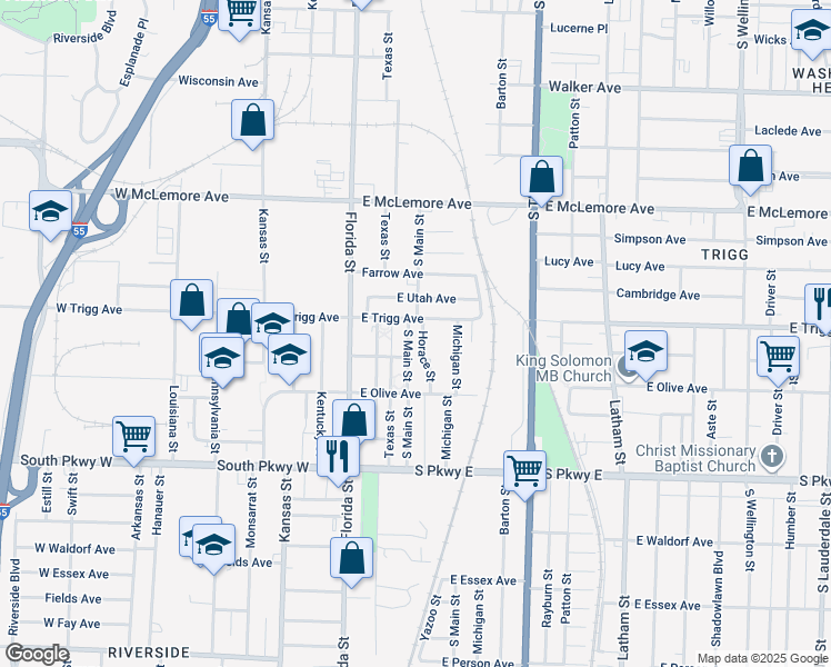 map of restaurants, bars, coffee shops, grocery stores, and more near 1299 Horace Street in Memphis