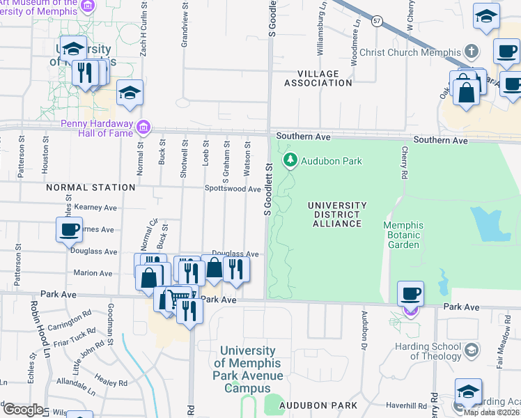 map of restaurants, bars, coffee shops, grocery stores, and more near 703 South Goodlett Street in Memphis