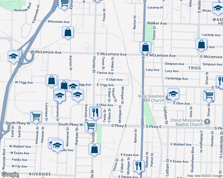 map of restaurants, bars, coffee shops, grocery stores, and more near 1299 Horace Street in Memphis
