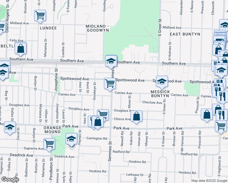 map of restaurants, bars, coffee shops, grocery stores, and more near 3042 Carnes Avenue in Memphis