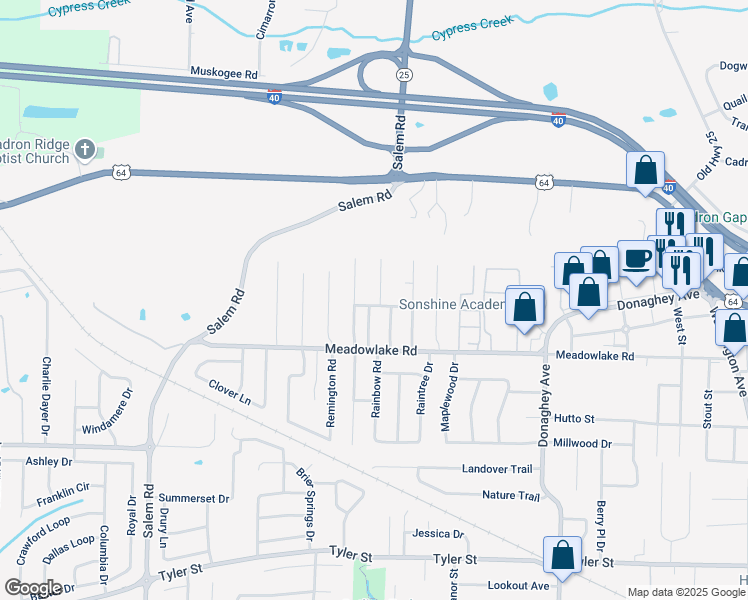 map of restaurants, bars, coffee shops, grocery stores, and more near 2500 Gibby Drive in Conway