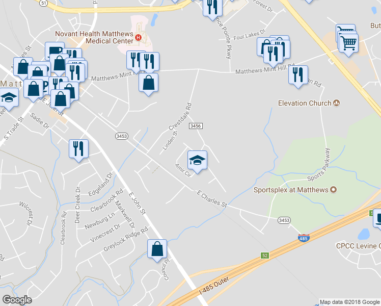 map of restaurants, bars, coffee shops, grocery stores, and more near 726 Ablow Drive in Matthews