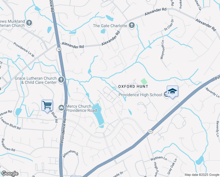 map of restaurants, bars, coffee shops, grocery stores, and more near 6816 Beverly Springs Drive in Charlotte