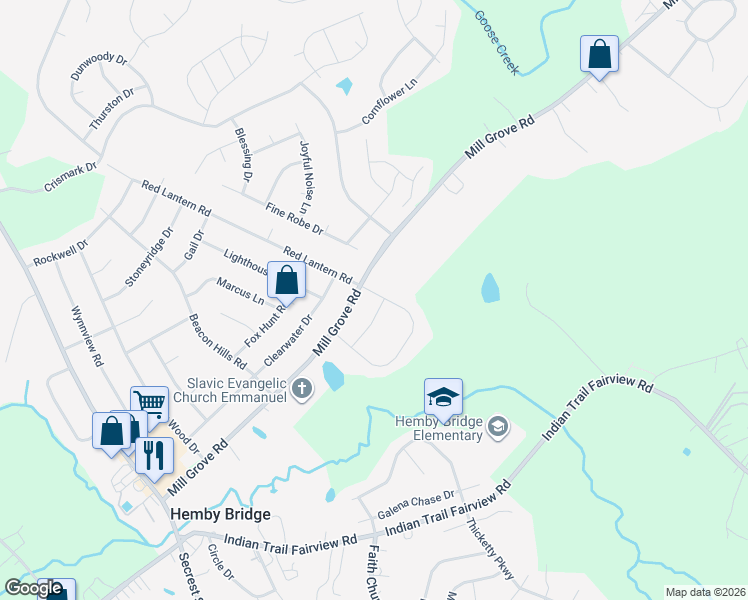 map of restaurants, bars, coffee shops, grocery stores, and more near 6479 Grovewood Trail in Indian Trail