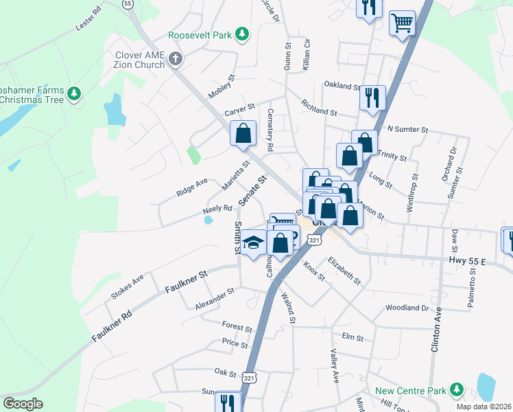 map of restaurants, bars, coffee shops, grocery stores, and more near 205 Calhoun Street in Clover
