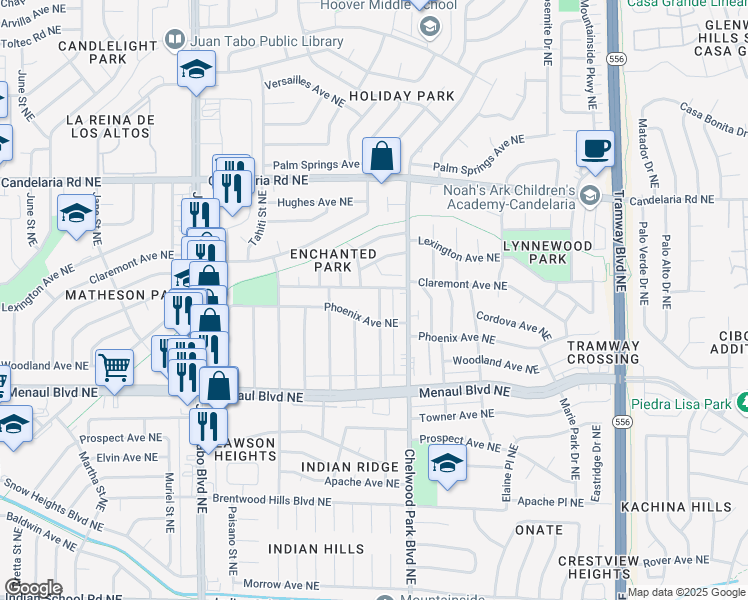 map of restaurants, bars, coffee shops, grocery stores, and more near 2513 Sandler Drive Northeast in Albuquerque