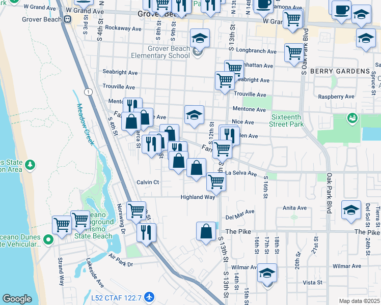 map of restaurants, bars, coffee shops, grocery stores, and more near 928 Huston Street in Grover Beach