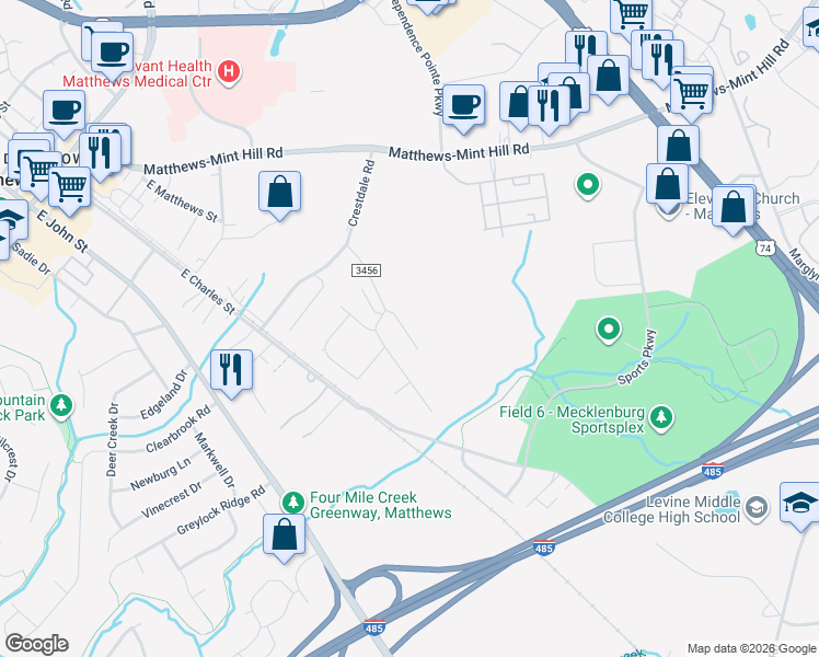 map of restaurants, bars, coffee shops, grocery stores, and more near 1033 Crestdale Crossing Drive in Matthews