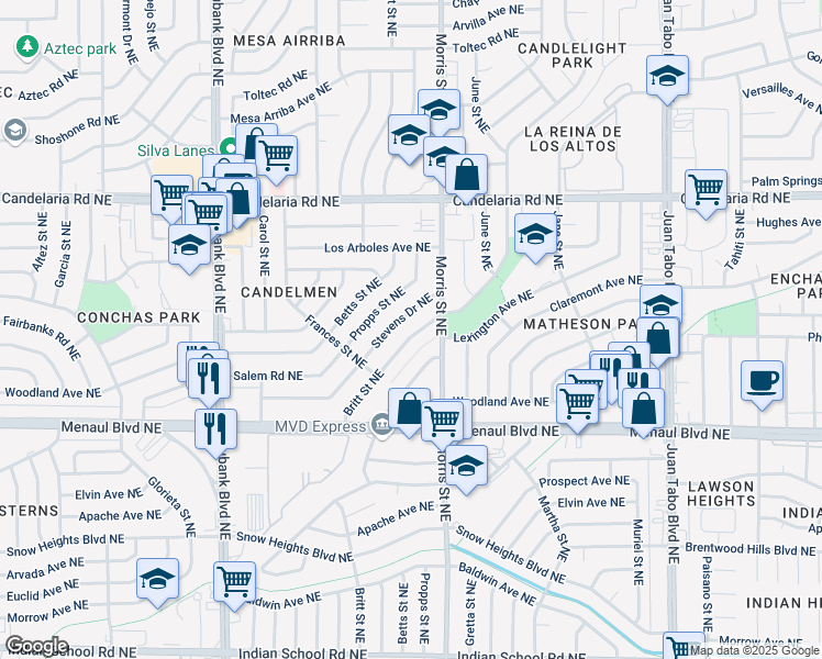 map of restaurants, bars, coffee shops, grocery stores, and more near 2509 Britt Street Northeast in Albuquerque