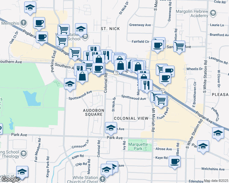 map of restaurants, bars, coffee shops, grocery stores, and more near 695 Saint Nick Drive in Memphis