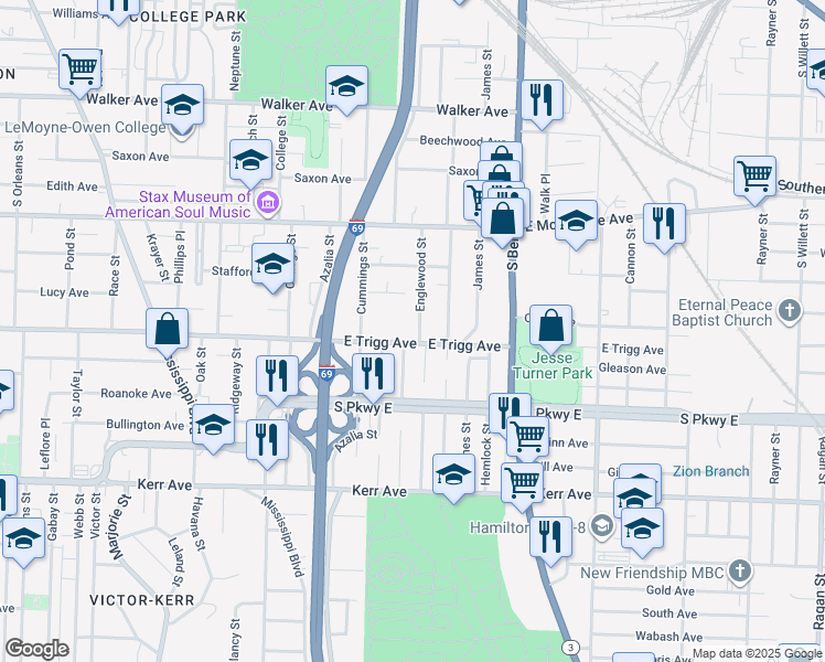 map of restaurants, bars, coffee shops, grocery stores, and more near 1267 Englewood Street in Memphis