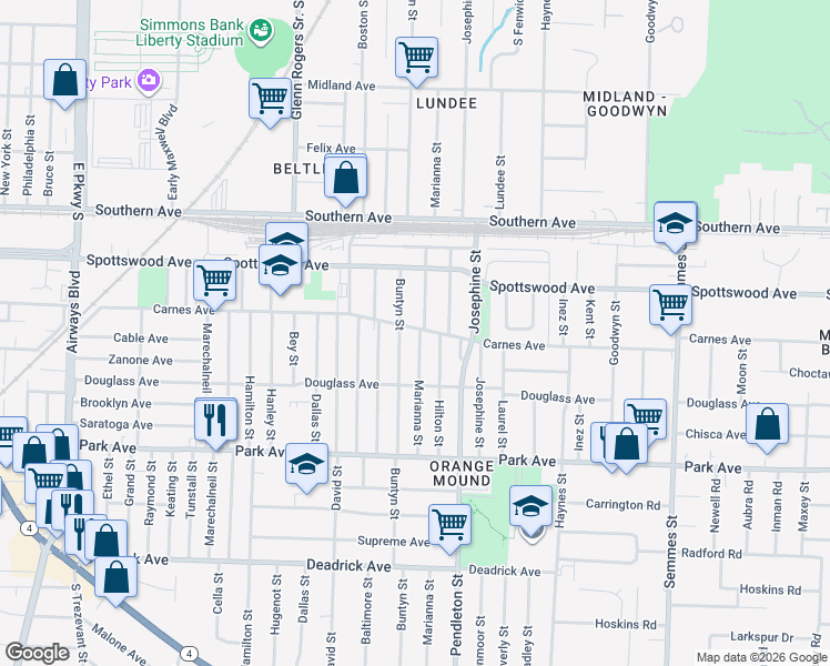 map of restaurants, bars, coffee shops, grocery stores, and more near 2719 Carnes Avenue in Memphis