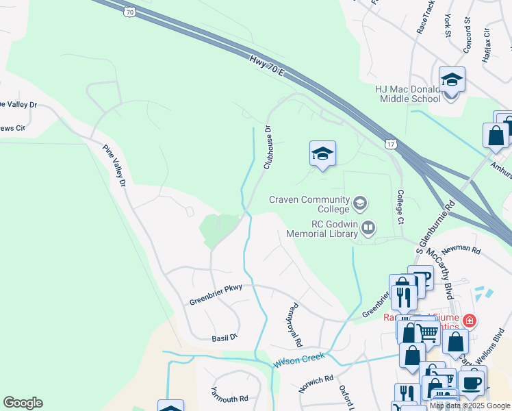 map of restaurants, bars, coffee shops, grocery stores, and more near 6001 Clubhouse Drive in New Bern
