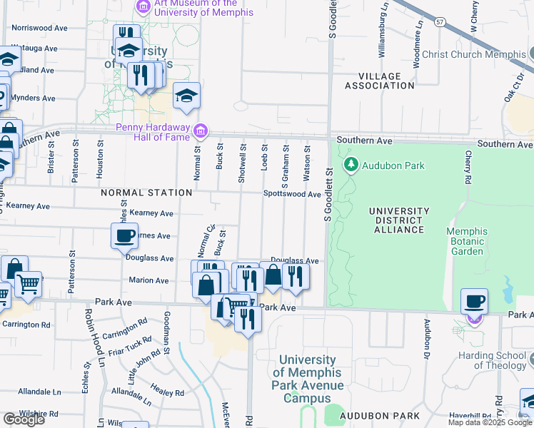map of restaurants, bars, coffee shops, grocery stores, and more near 702 Loeb Street in Memphis