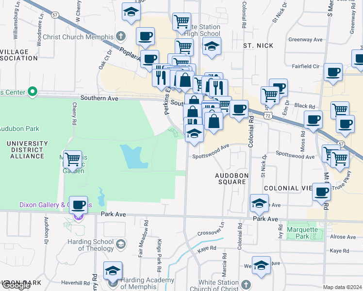 map of restaurants, bars, coffee shops, grocery stores, and more near 707 South Perkins Road in Memphis
