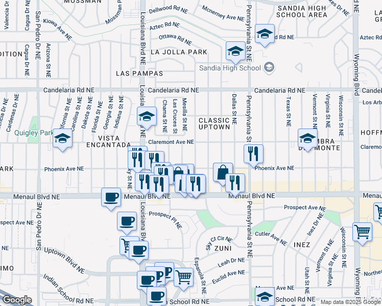 map of restaurants, bars, coffee shops, grocery stores, and more near 2721 Espanola Street Northeast in Albuquerque