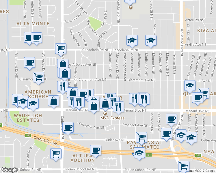 map of restaurants, bars, coffee shops, grocery stores, and more near 2729 Graceland Drive Northeast in Albuquerque