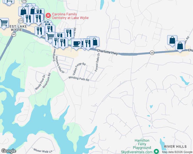 map of restaurants, bars, coffee shops, grocery stores, and more near 1409 Swaying Branch Lane in Clover