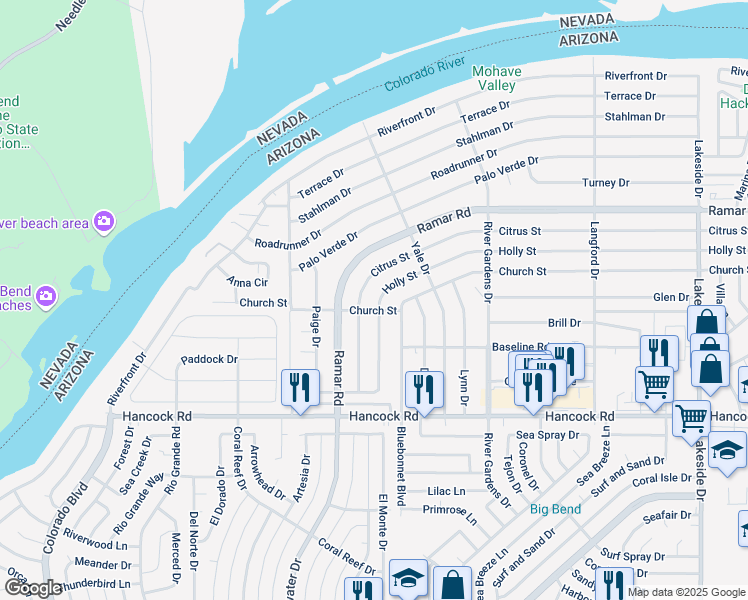 map of restaurants, bars, coffee shops, grocery stores, and more near 589 Holly St in Bullhead City