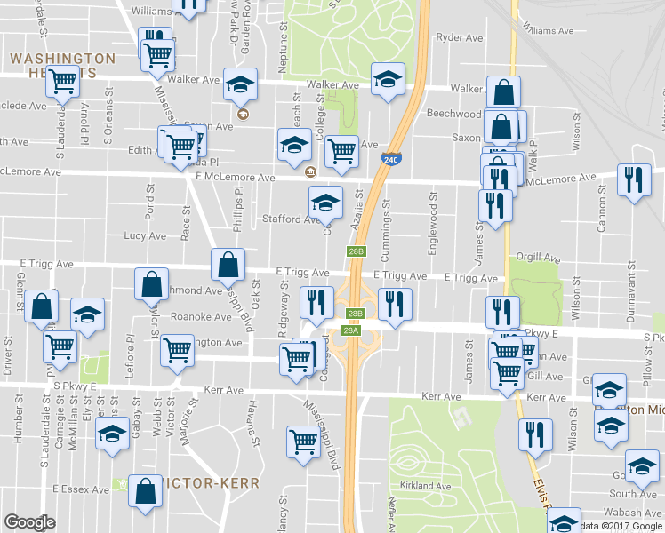 map of restaurants, bars, coffee shops, grocery stores, and more near 1274 College Street in Memphis