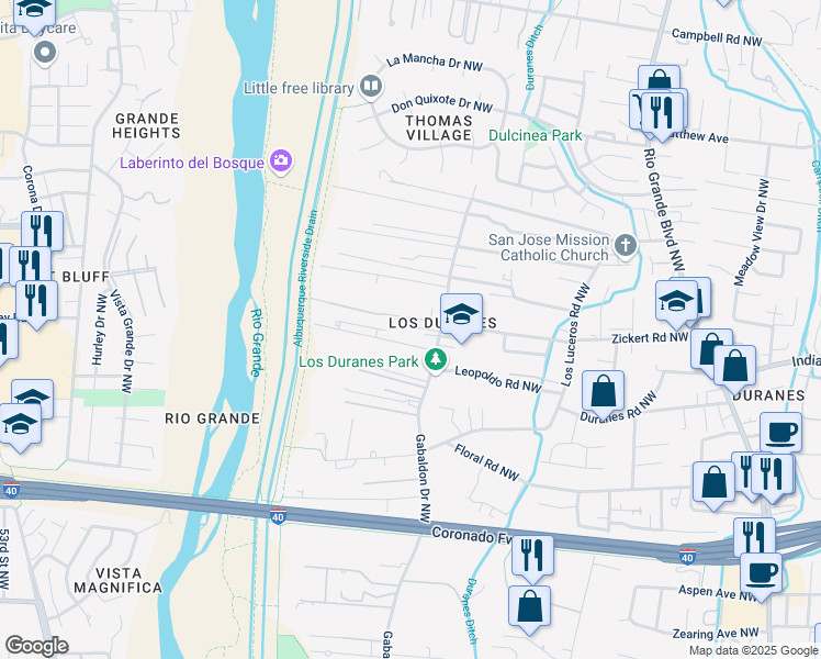 map of restaurants, bars, coffee shops, grocery stores, and more near 1717 Gabaldon Dr NW in Albuquerque