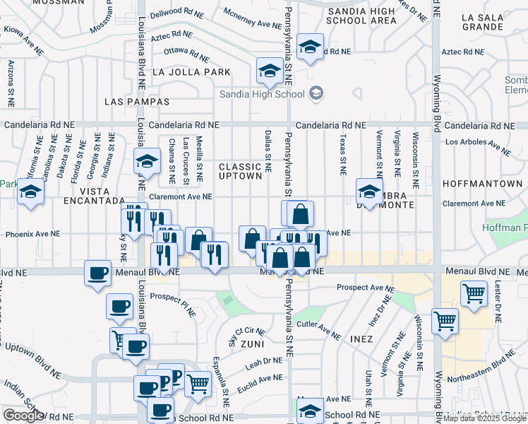 map of restaurants, bars, coffee shops, grocery stores, and more near 2721 Dallas Street Northeast in Albuquerque