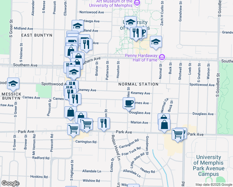 map of restaurants, bars, coffee shops, grocery stores, and more near 3673 Kearney Avenue in Memphis