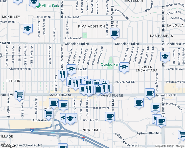 map of restaurants, bars, coffee shops, grocery stores, and more near 2725 Valencia Drive Northeast in Albuquerque