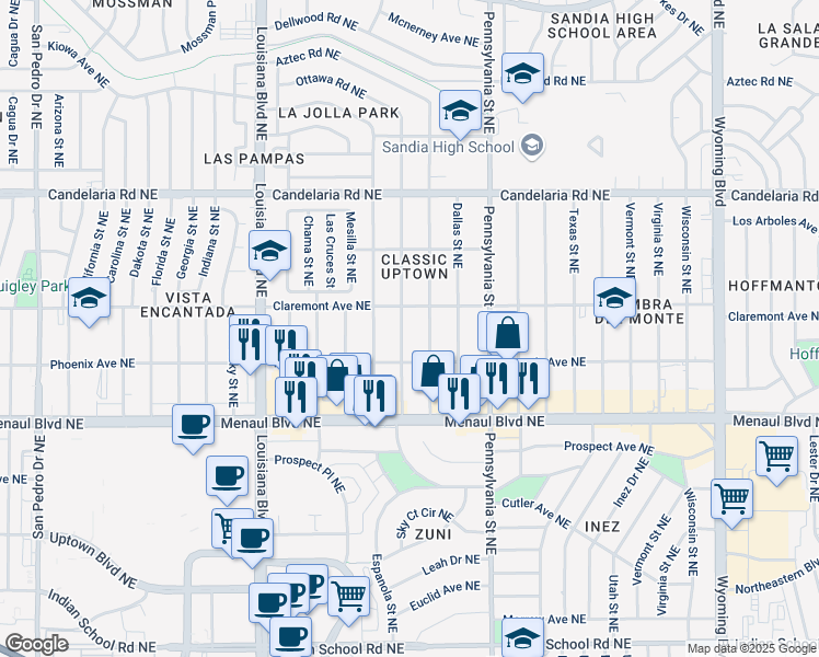 map of restaurants, bars, coffee shops, grocery stores, and more near 2720 San Pablo Street Northeast in Albuquerque