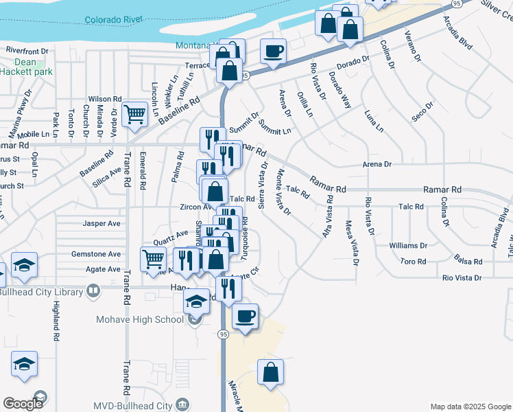 map of restaurants, bars, coffee shops, grocery stores, and more near 1605 Sierra Vista Drive in Bullhead City