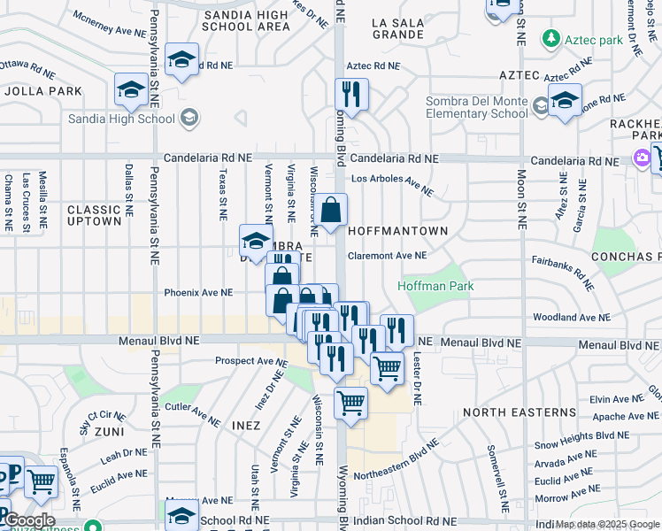 map of restaurants, bars, coffee shops, grocery stores, and more near 2421 Wyoming Boulevard Northeast in Albuquerque