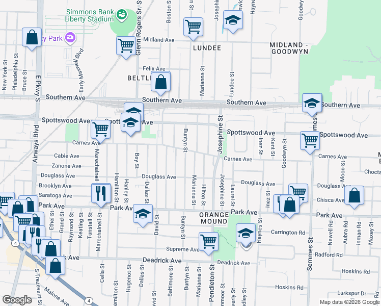 map of restaurants, bars, coffee shops, grocery stores, and more near 2719 Carnes Avenue in Memphis