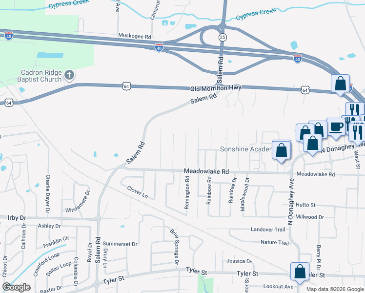 map of restaurants, bars, coffee shops, grocery stores, and more near 2490 Remington Road in Conway