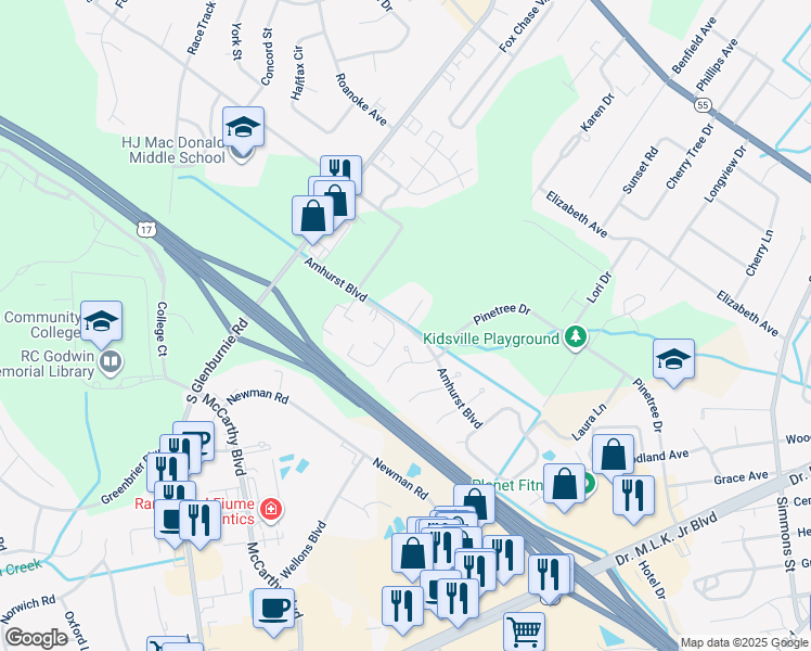 map of restaurants, bars, coffee shops, grocery stores, and more near Amhurst Boulevard in New Bern