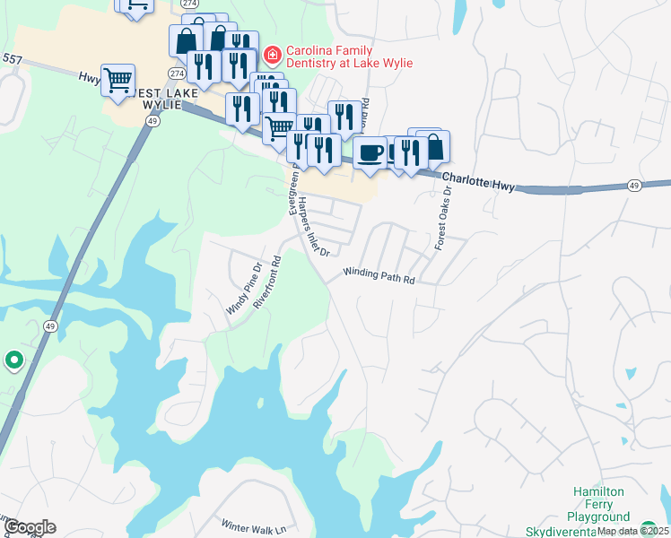 map of restaurants, bars, coffee shops, grocery stores, and more near 1203 Winding Path Road in Lake Wylie