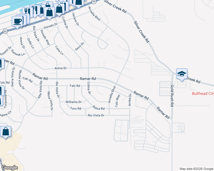 map of restaurants, bars, coffee shops, grocery stores, and more near 1835 Talc Road in Bullhead City