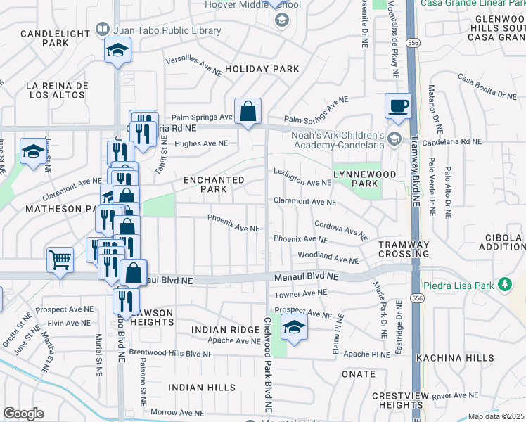map of restaurants, bars, coffee shops, grocery stores, and more near 2512 Sandler Drive Northeast in Albuquerque