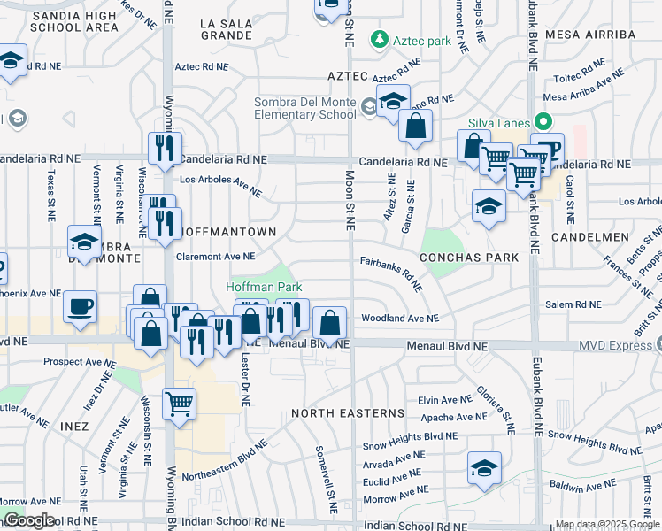 map of restaurants, bars, coffee shops, grocery stores, and more near 8902 Fairbanks Road Northeast in Albuquerque