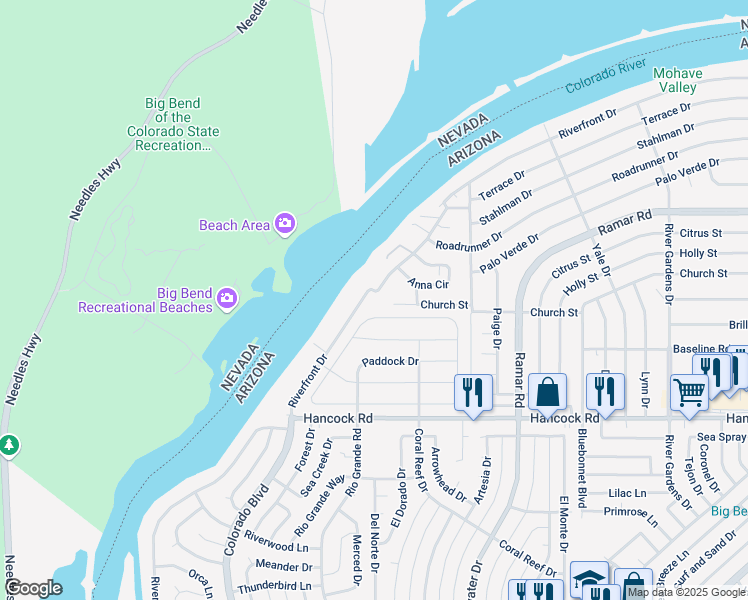 map of restaurants, bars, coffee shops, grocery stores, and more near 366 Riverfront Drive in Bullhead City